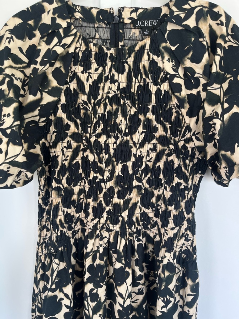 J. Crew Black and Cream Floral Smocked Midi Dress - Picture 5 of 8